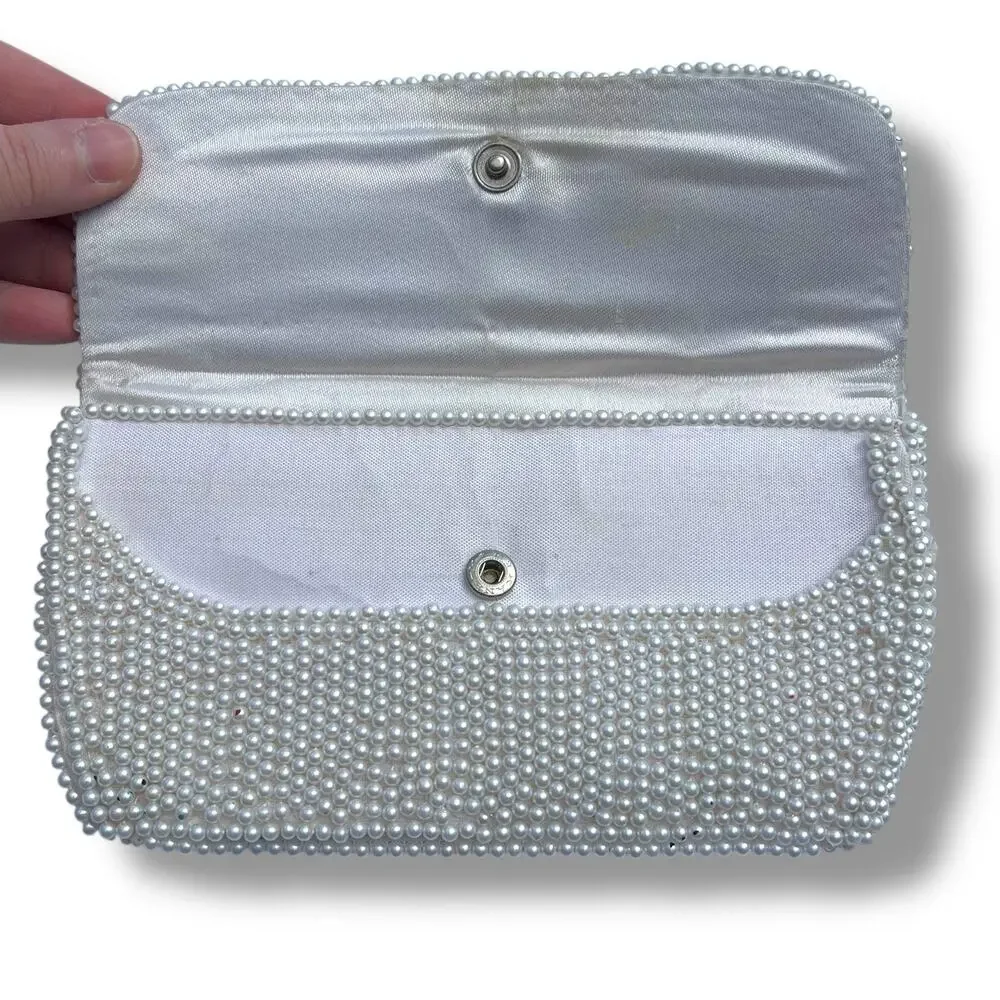 Vintage Beaded Handbag Purse Clutch Wallet White Silver